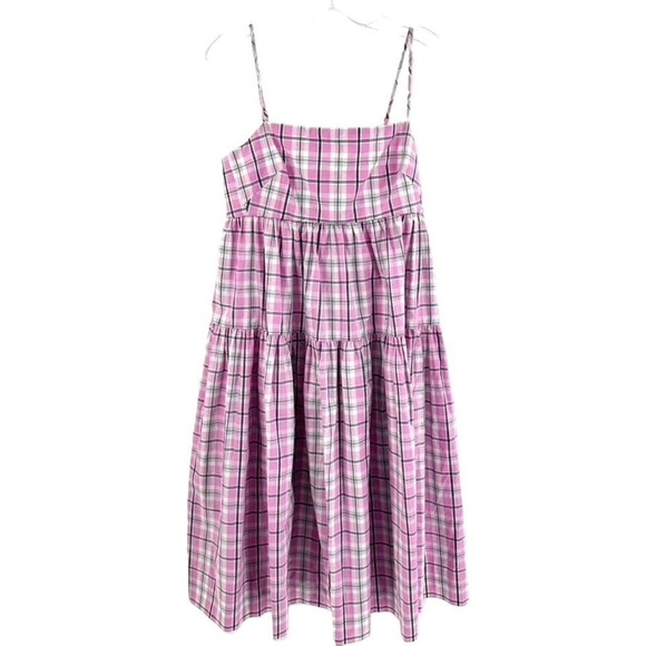 J. Crew Pink Plaid Midi Dress Poplin Sz 8 Tiered Babydoll Girly Sleeveless - Picture 1 of 8